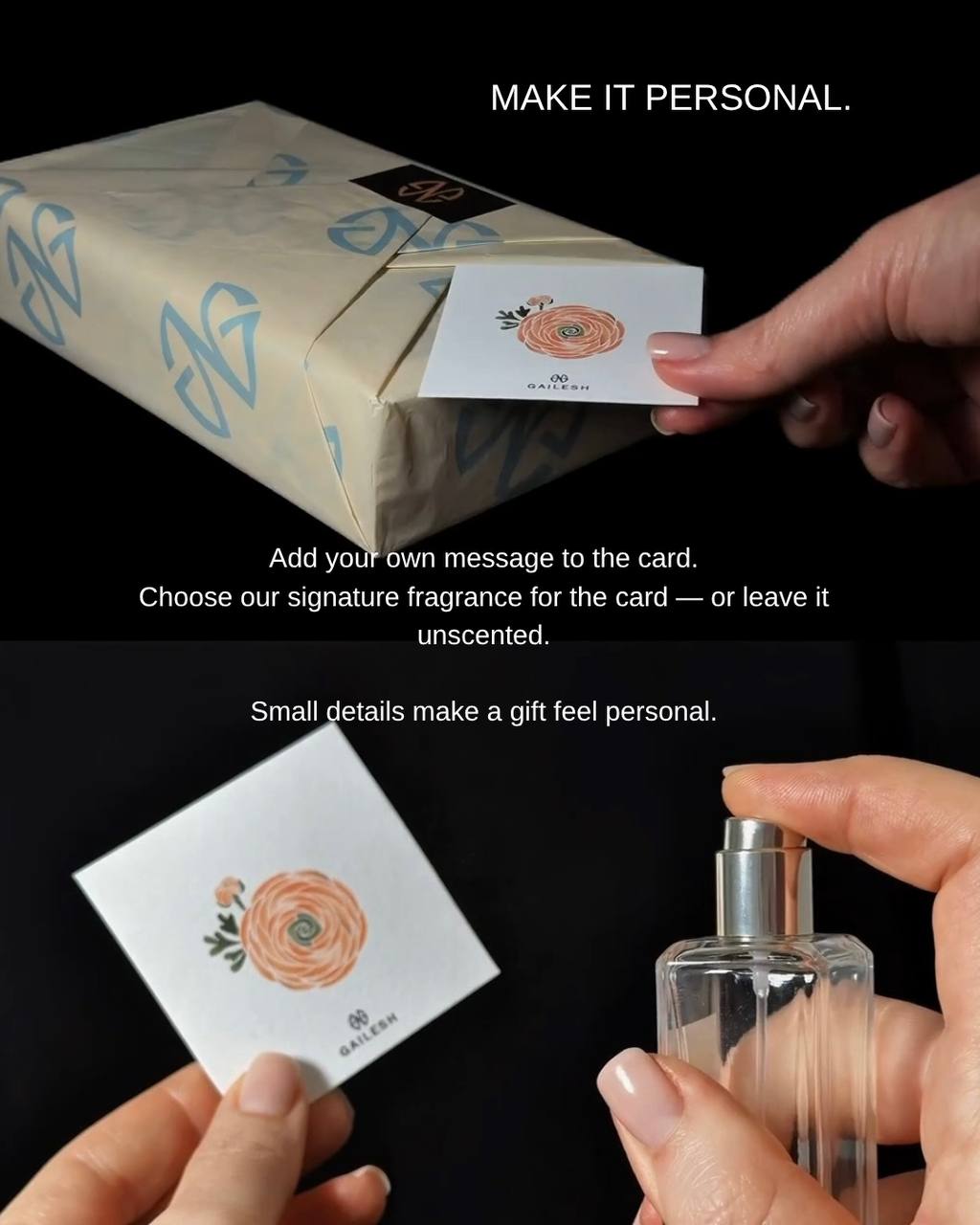 GAILESH wrapped gift set with message card shown as part of the gift presentation.